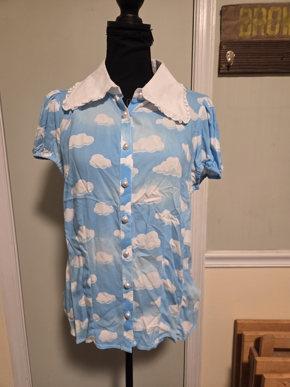 Hell Bunny Blue Cloud Print Button-Down Blouse with White Collar - Picture 1 of 7